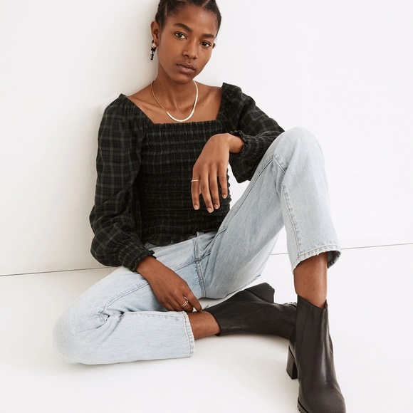 Madewell Lucie Bubble-Sleeve Smocked Top in Plaid, size L - Picture 3 of 9